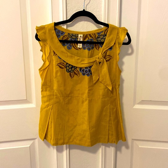 Floreat Tops - Floreat by Anthropologie Yellow Embroidered Blouse blue flowers sleeveless gold